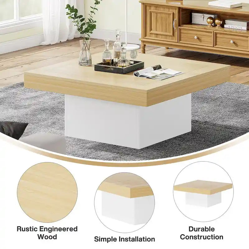 Farmhouse Square LED Coffee Table Engineered Wood Coffee Table for Living Room