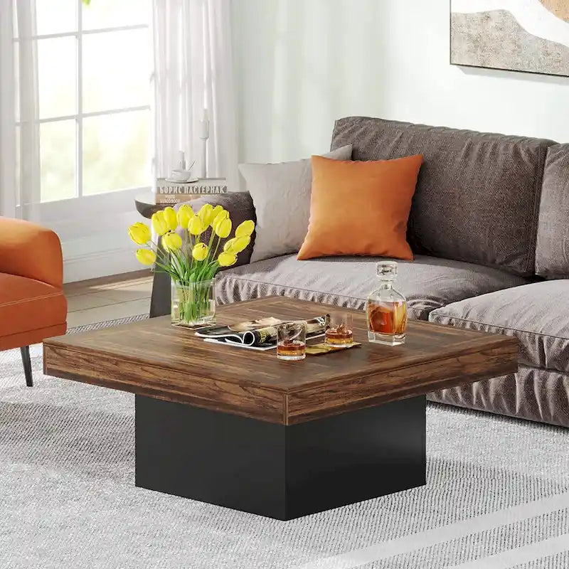 Farmhouse Square LED Coffee Table Engineered Wood Coffee Table for Living Room