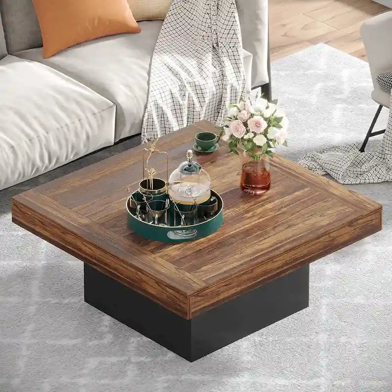 Farmhouse Square LED Coffee Table Engineered Wood Coffee Table for Living Room