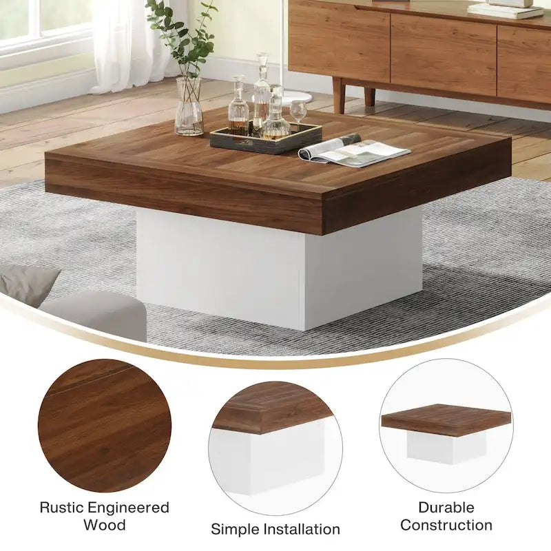 Farmhouse Square LED Coffee Table Engineered Wood Coffee Table for Living Room