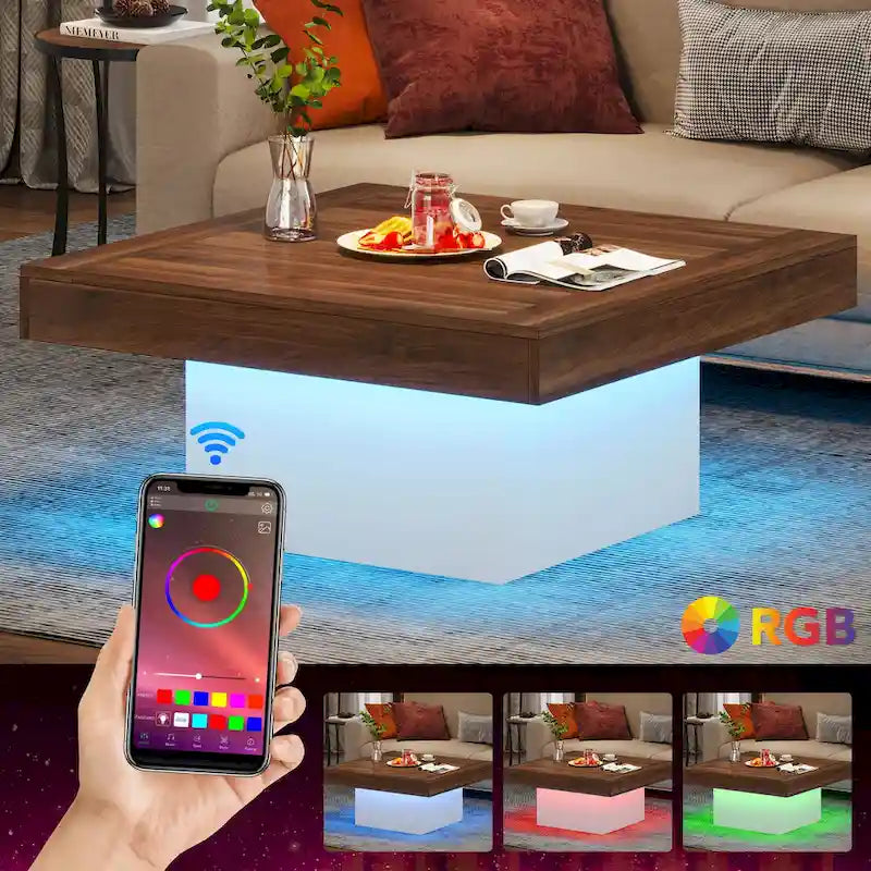 Farmhouse Square LED Coffee Table Engineered Wood Coffee Table for Living Room