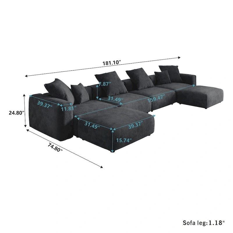 Large Modular Sectional Sofa Corduroy Upholstery U-Shaped 4 Seater with 2 Ottoman and 5 Pillows