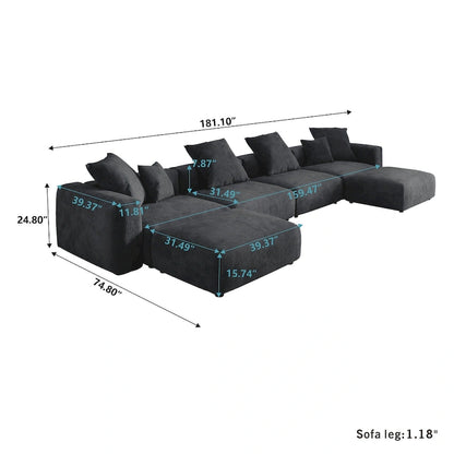 Large Modular Sectional Sofa Corduroy Upholstery U-Shaped 4 Seater with 2 Ottoman and 5 Pillows