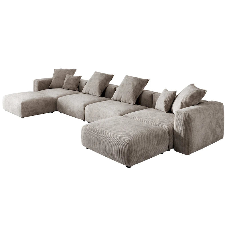 Large Modular Sectional Sofa Corduroy Upholstery U-Shaped 4 Seater with 2 Ottoman and 5 Pillows
