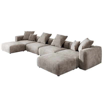 Large Modular Sectional Sofa Corduroy Upholstery U-Shaped 4 Seater with 2 Ottoman and 5 Pillows
