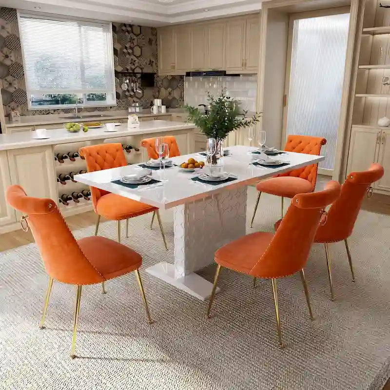 7-Piece Clihome High-gloss Extendable Table Velvet Chair Dining Set