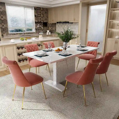 7-Piece Clihome High-gloss Extendable Table Velvet Chair Dining Set