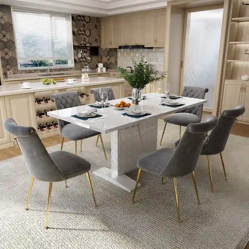 7-Piece Clihome High-gloss Extendable Table Velvet Chair Dining Set