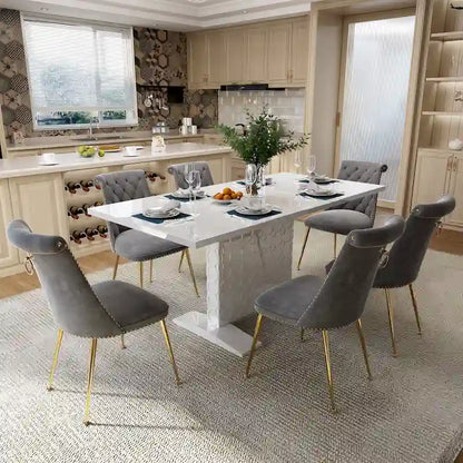 7-Piece Clihome High-gloss Extendable Table Velvet Chair Dining Set