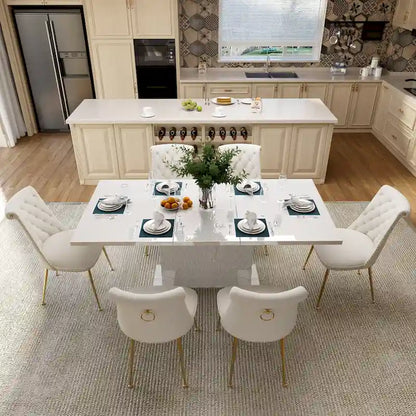 7-Piece Clihome High-gloss Extendable Table Velvet Chair Dining Set