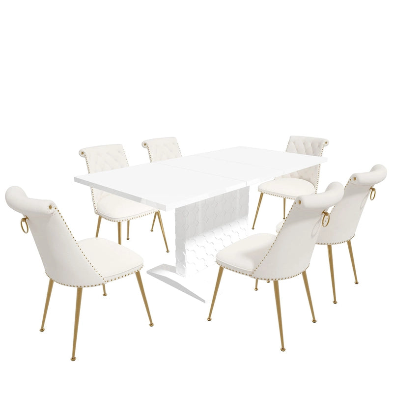 7-Piece Clihome High-gloss Extendable Table Velvet Chair Dining Set