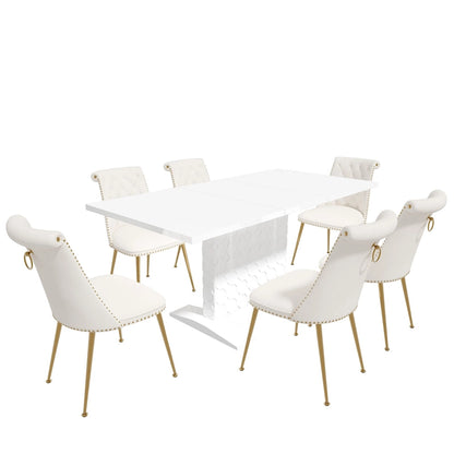 7-Piece Clihome High-gloss Extendable Table Velvet Chair Dining Set