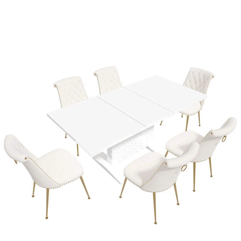 7-Piece Clihome High-gloss Extendable Table Velvet Chair Dining Set