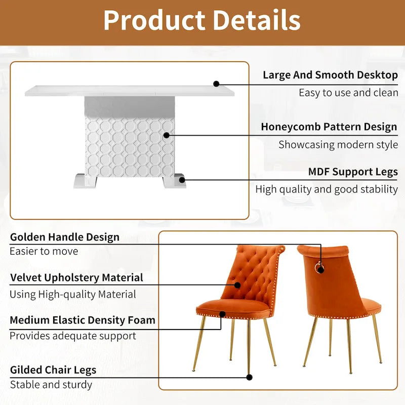 7-Piece Clihome High-gloss Extendable Table Velvet Chair Dining Set