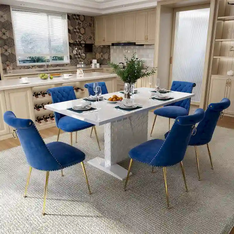 7-Piece Clihome High-gloss Extendable Table Velvet Chair Dining Set