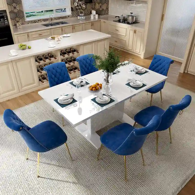 7-Piece Clihome High-gloss Extendable Table Velvet Chair Dining Set