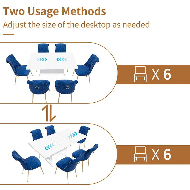 7-Piece Clihome High-gloss Extendable Table Velvet Chair Dining Set