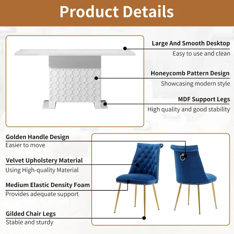 7-Piece Clihome High-gloss Extendable Table Velvet Chair Dining Set