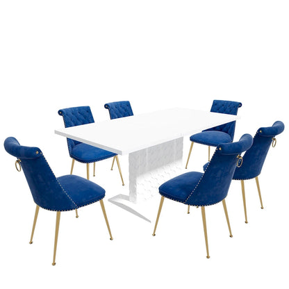 7-Piece Clihome High-gloss Extendable Table Velvet Chair Dining Set