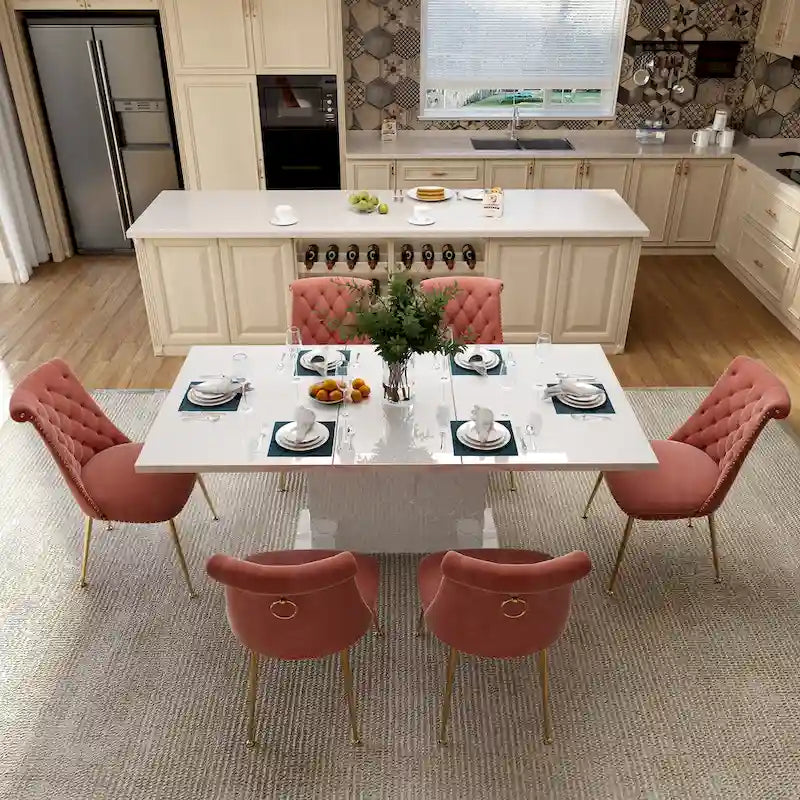 7-Piece Clihome High-gloss Extendable Table Velvet Chair Dining Set