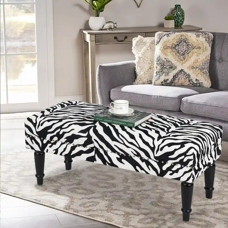 Adeco Cow Print Fabric Rectangular Bench Ottoman