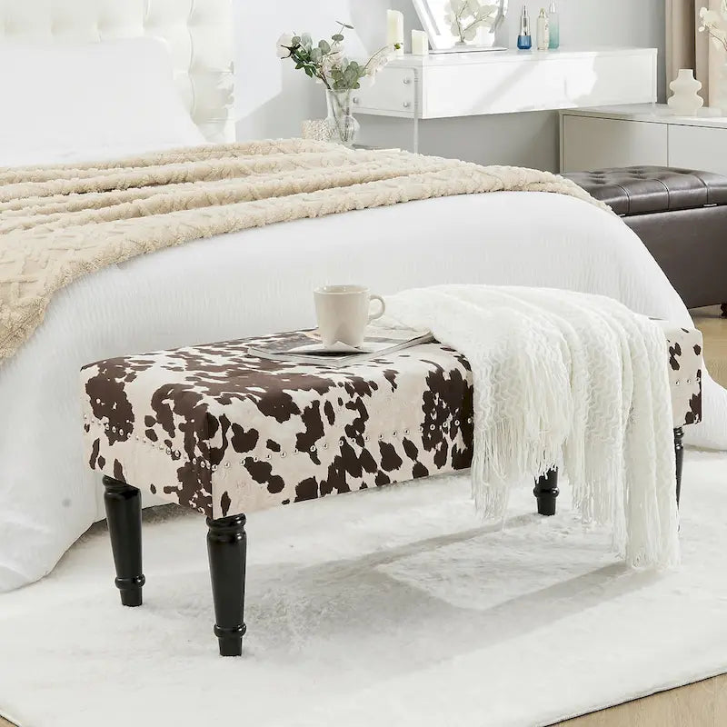 Adeco Cow Print Fabric Rectangular Bench Ottoman