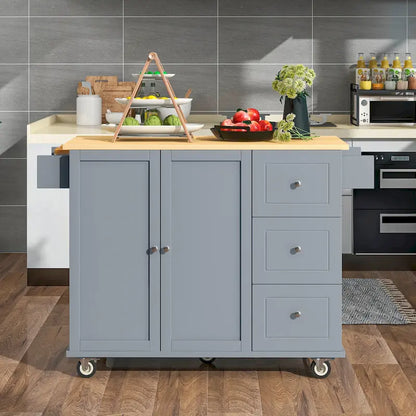 52.7 W Rolling Mobile Kitchen Island with Solid Wood Top and Locking Wheels,Storage Cabinet and Drop Leaf Breakfast Bar