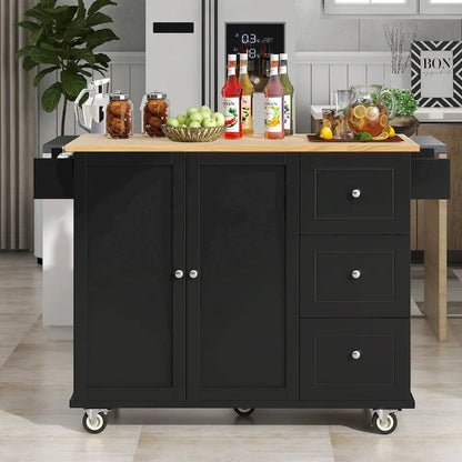 52.7 W Rolling Mobile Kitchen Island with Solid Wood Top and Locking Wheels,Storage Cabinet and Drop Leaf Breakfast Bar