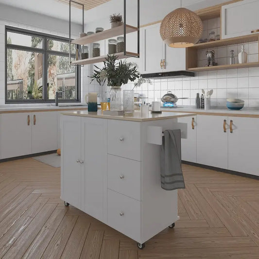 52.7 W Rolling Mobile Kitchen Island with Solid Wood Top and Locking Wheels,Storage Cabinet and Drop Leaf Breakfast Bar