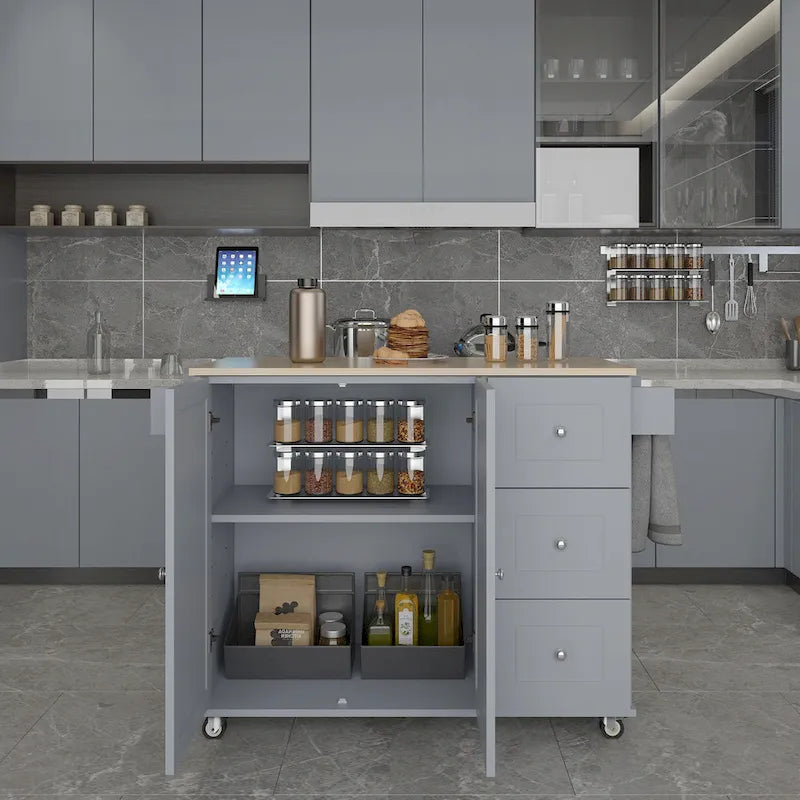 52.7 W Rolling Mobile Kitchen Island with Solid Wood Top and Locking Wheels,Storage Cabinet and Drop Leaf Breakfast Bar