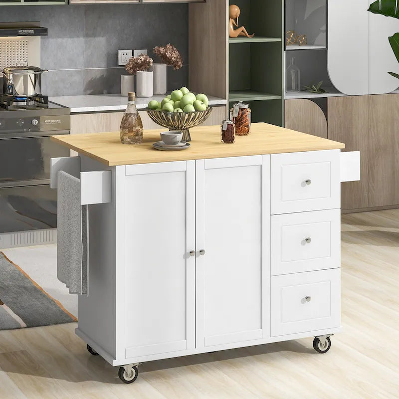 52.7 W Rolling Mobile Kitchen Island with Solid Wood Top and Locking Wheels,Storage Cabinet and Drop Leaf Breakfast Bar