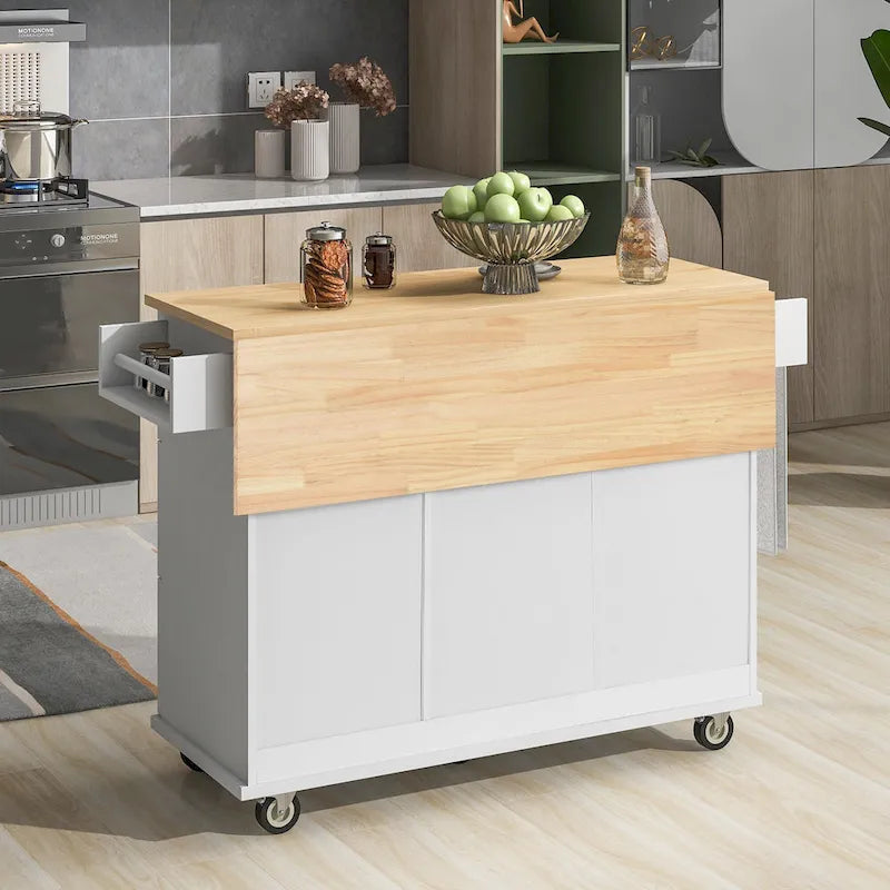 52.7 W Rolling Mobile Kitchen Island with Solid Wood Top and Locking Wheels,Storage Cabinet and Drop Leaf Breakfast Bar