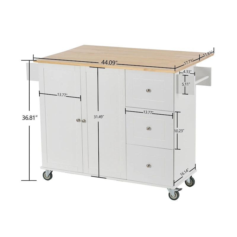 52.7 W Rolling Mobile Kitchen Island with Solid Wood Top and Locking Wheels,Storage Cabinet and Drop Leaf Breakfast Bar