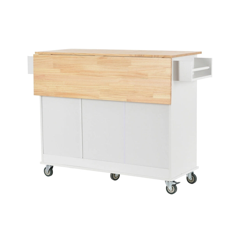 52.7 W Rolling Mobile Kitchen Island with Solid Wood Top and Locking Wheels,Storage Cabinet and Drop Leaf Breakfast Bar