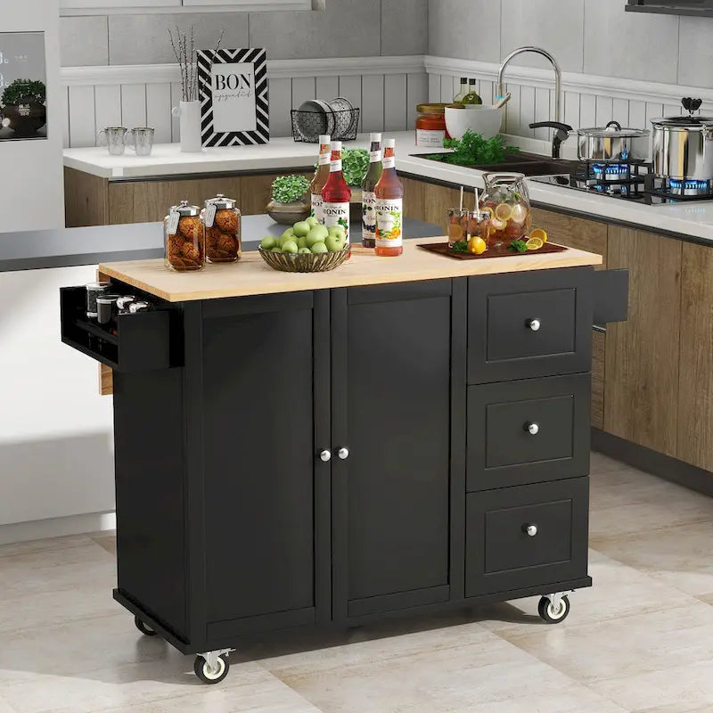 52.7 W Rolling Mobile Kitchen Island with Solid Wood Top and Locking Wheels,Storage Cabinet and Drop Leaf Breakfast Bar