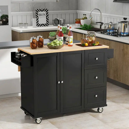 52.7 W Rolling Mobile Kitchen Island with Solid Wood Top and Locking Wheels,Storage Cabinet and Drop Leaf Breakfast Bar