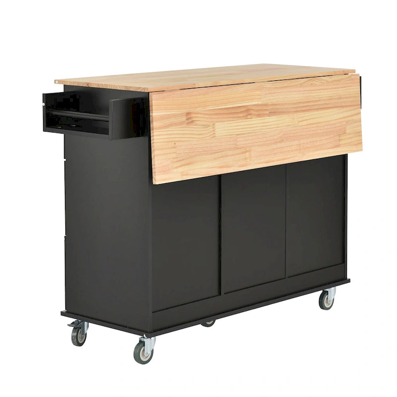 52.7 W Rolling Mobile Kitchen Island with Solid Wood Top and Locking Wheels,Storage Cabinet and Drop Leaf Breakfast Bar