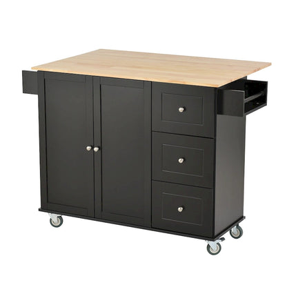 52.7 W Rolling Mobile Kitchen Island with Solid Wood Top and Locking Wheels,Storage Cabinet and Drop Leaf Breakfast Bar
