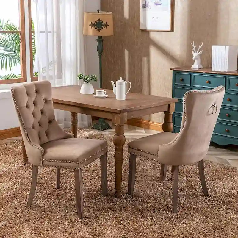 Velvet Dining Chairs Set of 2, Upholstered High-end Tufted Dining Room Chair with Nailhead Back Ring Pull Trim Solid Wood Legs