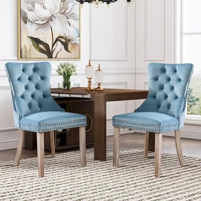 Velvet Dining Chairs Set of 2, Upholstered High-end Tufted Dining Room Chair with Nailhead Back Ring Pull Trim Solid Wood Legs