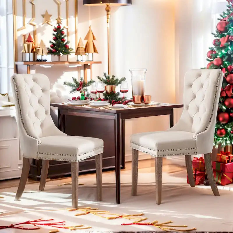 Velvet Dining Chairs Set of 2, Upholstered High-end Tufted Dining Room Chair with Nailhead Back Ring Pull Trim Solid Wood Legs