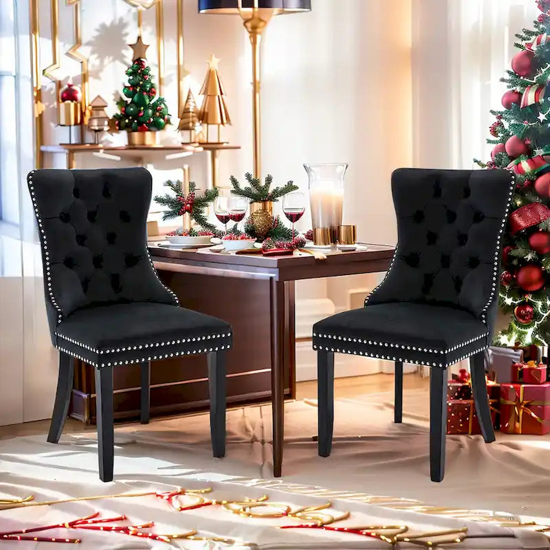 Velvet Dining Chairs Set of 2, Upholstered High-end Tufted Dining Room Chair with Nailhead Back Ring Pull Trim Solid Wood Legs