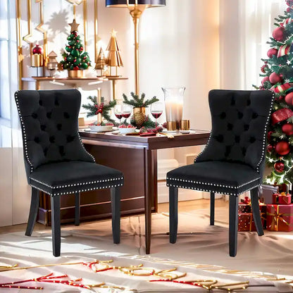 Velvet Dining Chairs Set of 2, Upholstered High-end Tufted Dining Room Chair with Nailhead Back Ring Pull Trim Solid Wood Legs