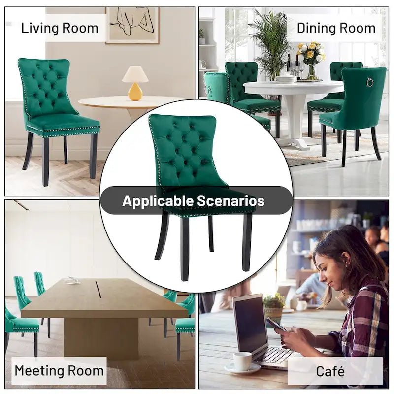 Velvet Dining Chairs Set of 2, Upholstered High-end Tufted Dining Room Chair with Nailhead Back Ring Pull Trim Solid Wood Legs