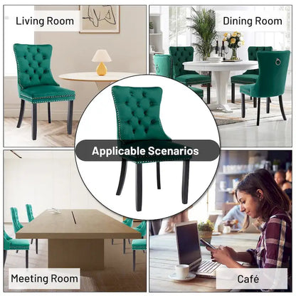Velvet Dining Chairs Set of 2, Upholstered High-end Tufted Dining Room Chair with Nailhead Back Ring Pull Trim Solid Wood Legs