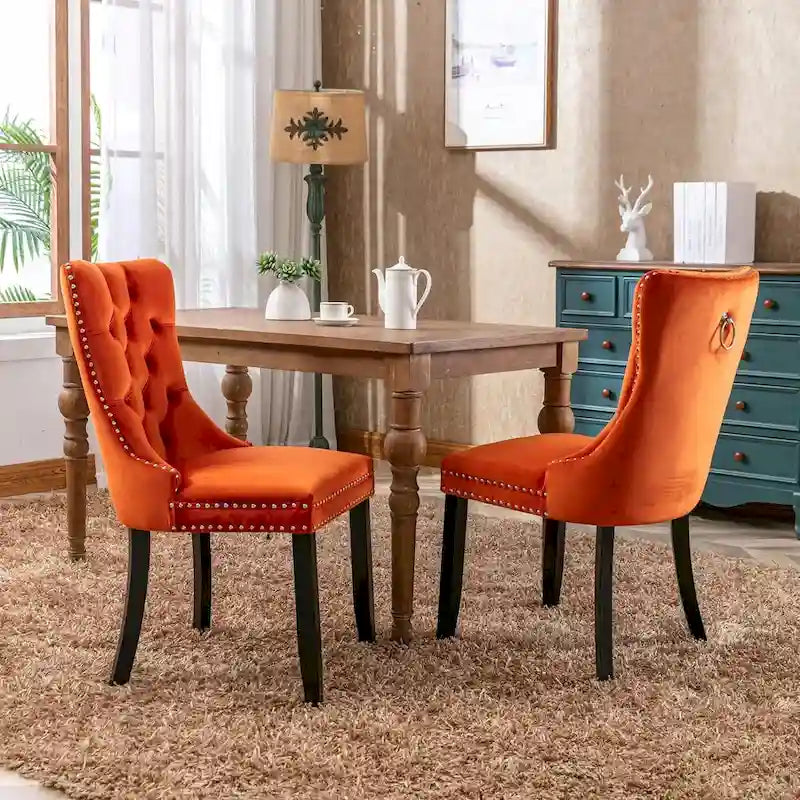 Velvet Dining Chairs Set of 2, Upholstered High-end Tufted Dining Room Chair with Nailhead Back Ring Pull Trim Solid Wood Legs