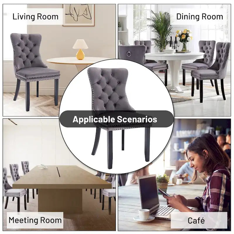 Velvet Dining Chairs Set of 2, Upholstered High-end Tufted Dining Room Chair with Nailhead Back Ring Pull Trim Solid Wood Legs