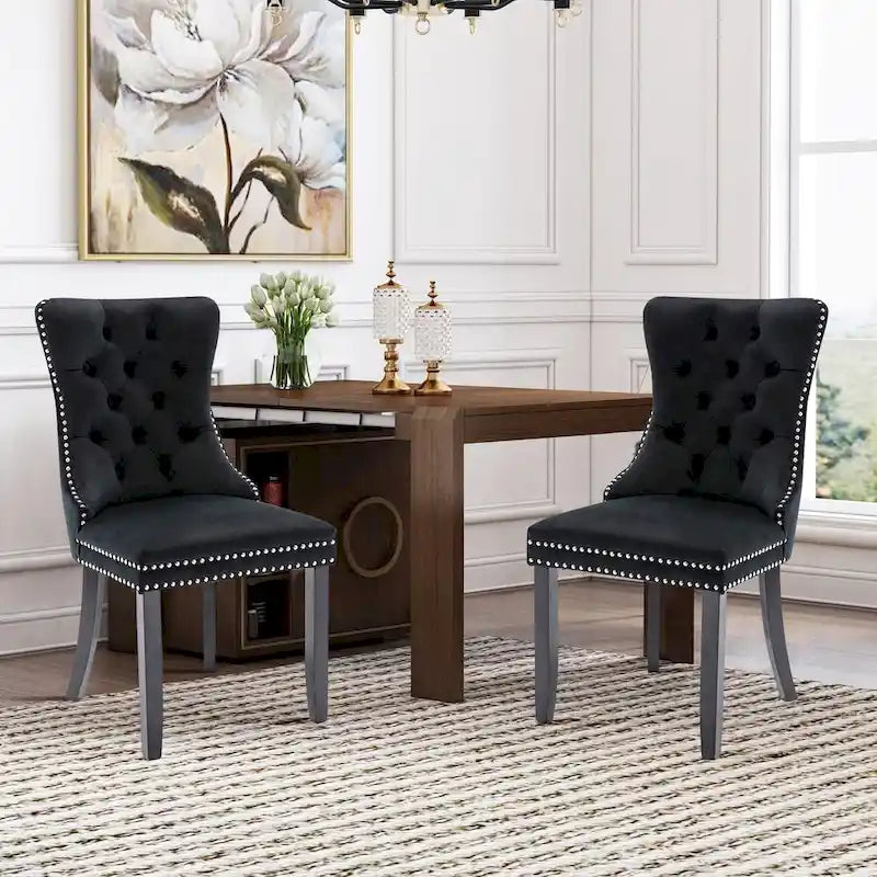 Velvet Dining Chairs Set of 2, Upholstered High-end Tufted Dining Room Chair with Nailhead Back Ring Pull Trim Solid Wood Legs