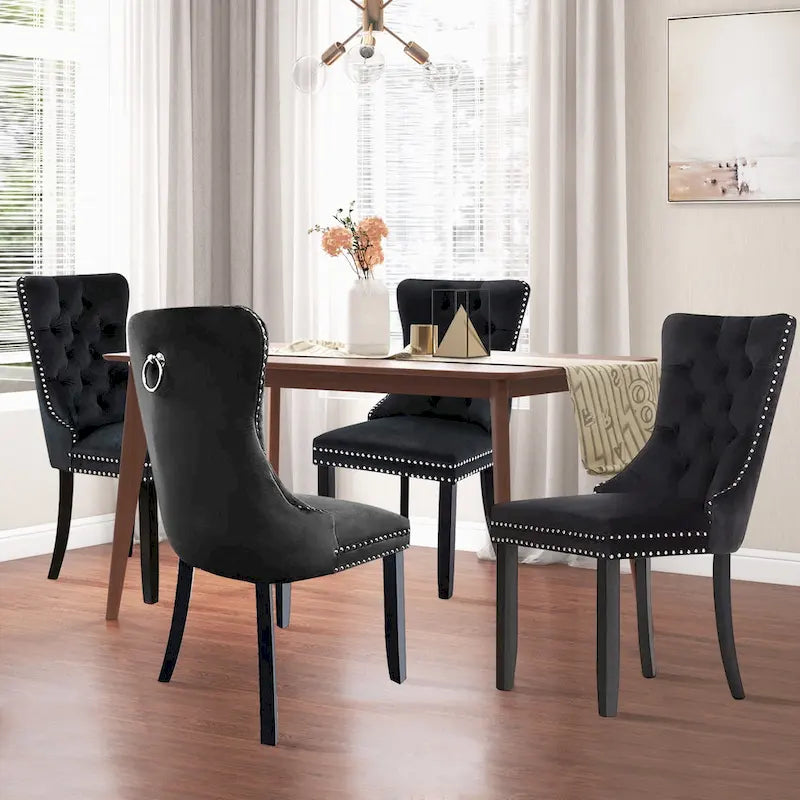 Velvet Dining Chairs Set of 2, Upholstered High-end Tufted Dining Room Chair with Nailhead Back Ring Pull Trim Solid Wood Legs
