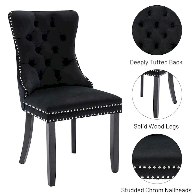 Velvet Dining Chairs Set of 2, Upholstered High-end Tufted Dining Room Chair with Nailhead Back Ring Pull Trim Solid Wood Legs